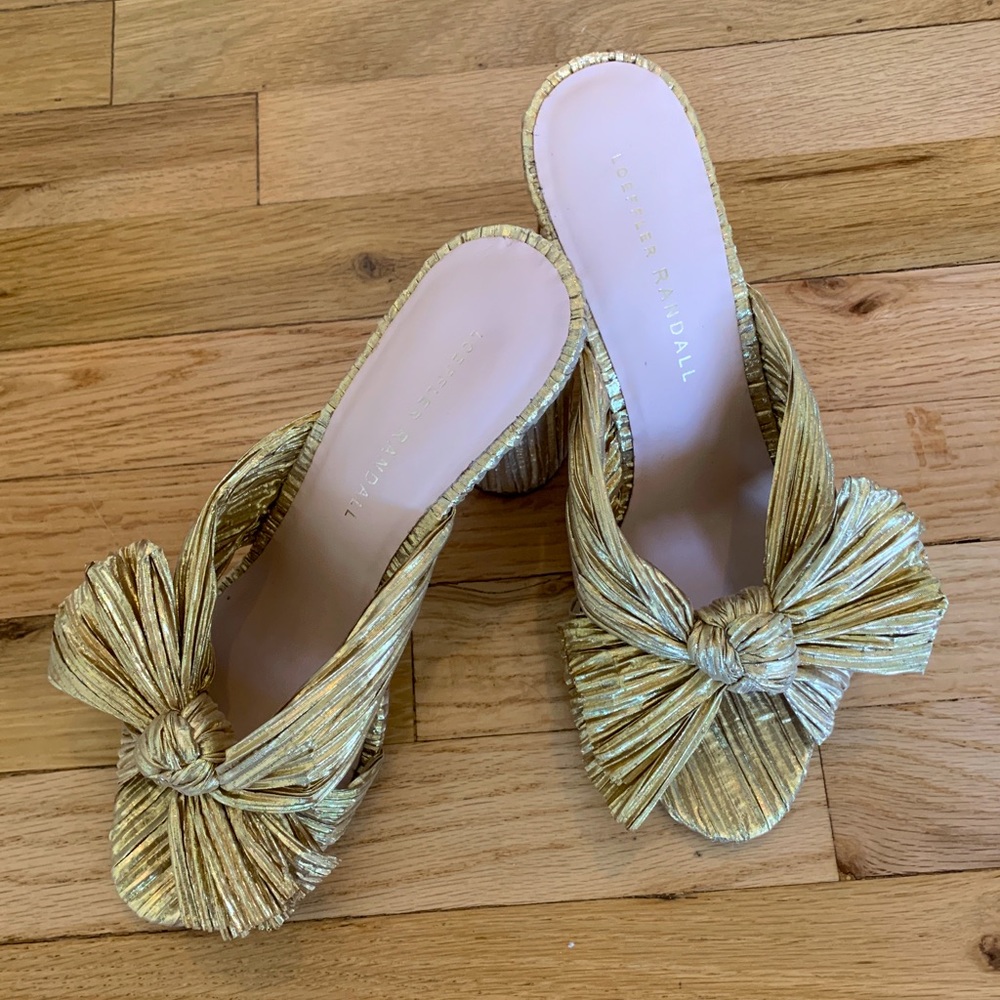 Loeffler Randall Gold Penny Knot Mules size 6.5